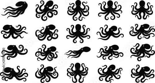 Foto Octopus icons, black octopus silhouettes, cephalopod vector set, 20 black octopu
