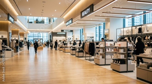 Several people browse through a large department store.