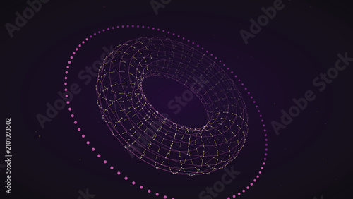 Schilderij op canvas Complex digital wireframe torus structure with bright yellow particles rotating