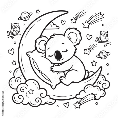 Photography Sleeping koala illustration with crescent moon stars planets and owls in a whims