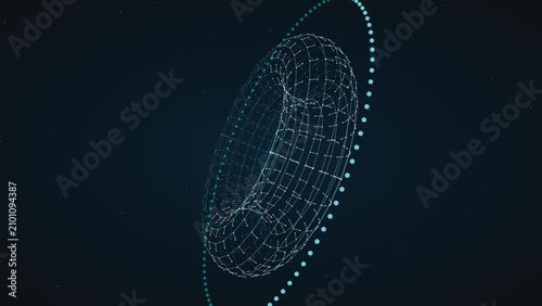 Photos Cyan blue wireframe torus shape rotating in digital space with glowing particles