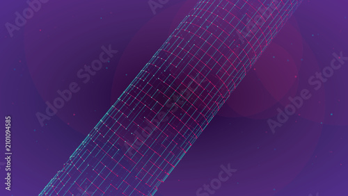 Fotografie Digital abstract grid cylinder rotating in a dark purple space filled with glowi