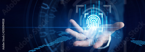 Fotografía Security professional shown by scanning fingerprints using advanced Biometric identification scanners to ensure maximum facility protection