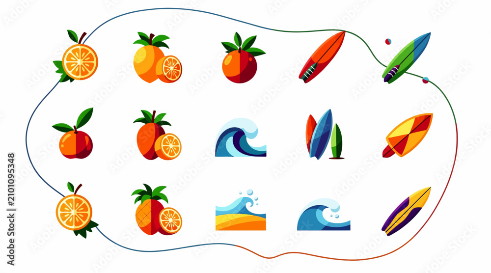 Fototapeta premium Summer Beach Fun: Oranges, Waves, Surfboards Collection