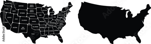 Map of the united states with labeled states and a solid silhouette