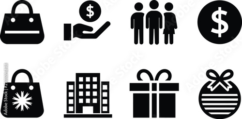 Business icon set finance shopping commerce corporate black flat