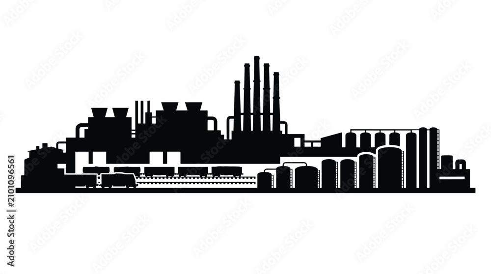 Obraz premium Industrial manufacturing plant factory building silhouette with pipes and smoke stacks