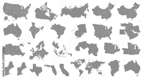 Collection of gray maps with state and country borders