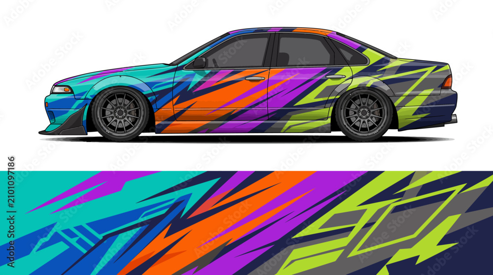 Fototapeta premium Colorful racing car with vibrant geometric wrap design.