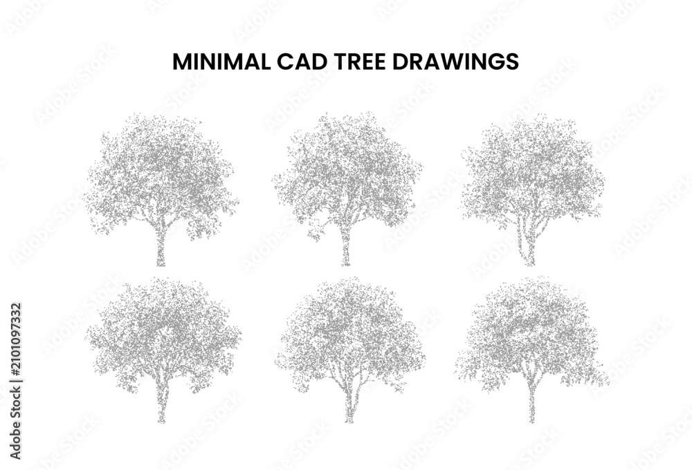 Fototapeta premium Set of minimal cad tree drawings for architectural landscape design, handdrawn style vector illustrations of various deciduous trees isolated on white background