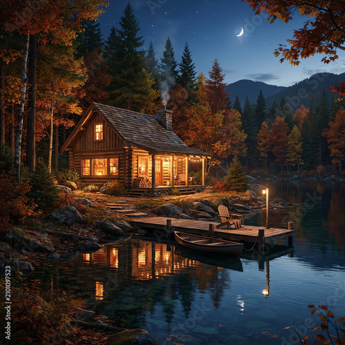 Log cabin beside lake with autumn forest at night