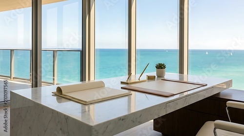 Modern executive desk with ocean view and natural light ideal for remote work