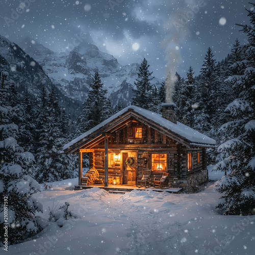 Log cabin in snowy mountain landscape at night