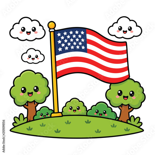 Cute American Flag Patriotic Landscape Cartoon Flat Vector Illustration | Kawaii USA Independence Day Scene for Stickers and Merchandise
