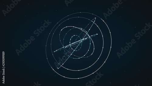 Minimalist digital circular rings rotating in dark space with bright cyan and white light lines