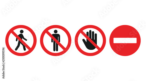 No entry prohibition sign icon set with pedestrian, person, stop hand and restricted access symbol