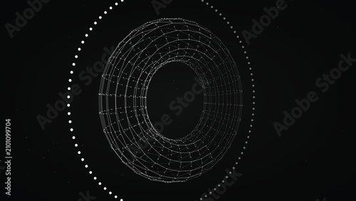 Obraz na płótnie Monochrome white wireframe torus rotating smoothly with orbiting particle circle