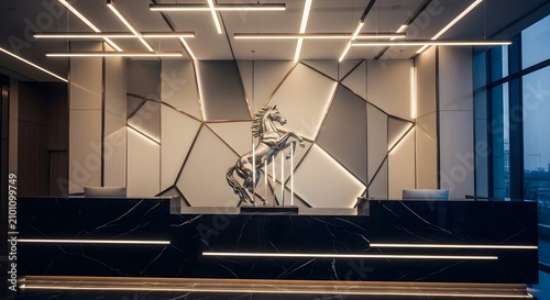 Sleek modern hotel lobby reception desk with dark marble, geometric wall art, and linear lighting, presenting a sophisticated and luxurious interior design
