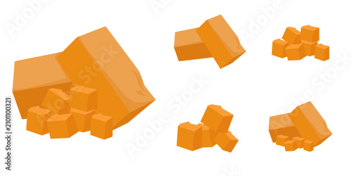 Vector flat illustration set of cheddar cheese blocks and diced cubes in various combinations