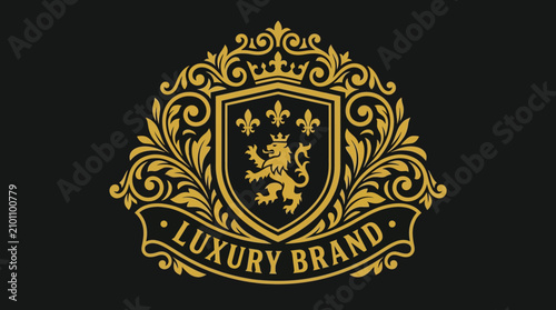 Ornate golden luxury brand emblem with lion crest.
