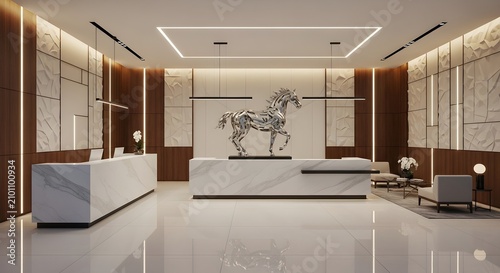 Elegant contemporary reception area featuring a grand marble desk, a prominent abstract metallic horse sculpture, modern linear lighting, and sophisticated wooden wall accents