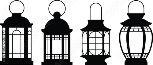 Foto Four distinct hanging lantern silhouettes with varied architectural styles, isol