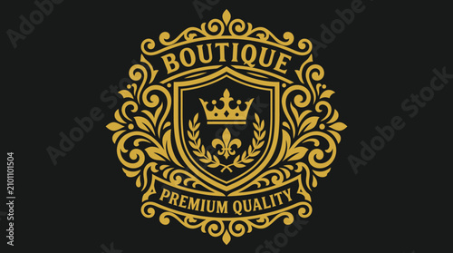 Elegant Gold Boutique Crest Emblem with Crown and Laurel.