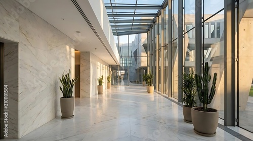 Modern interior hallway with natural light and plant decor
