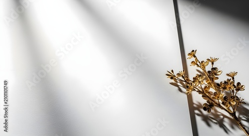 Serene minimalist composition with natural light creating stark shadows on a clean white surface, accented by a delicate, dried golden branch, evoking a calm and elegant atmosphere