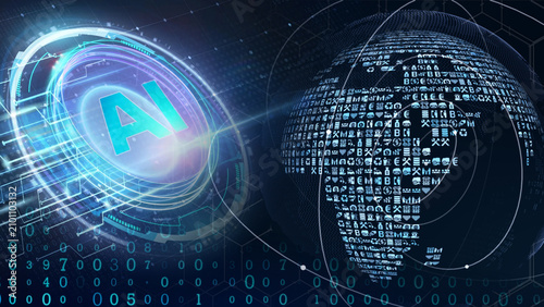 The integrated circuit with AI text and the digital global sphere background illustrate global artificial intelligence technological development. Semiconductors, digital infrastructure, cybersecurity
