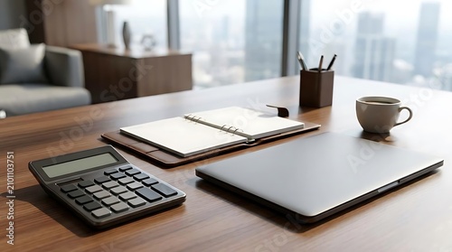 Modern office desk with laptop calculator notebook and coffee cup ready for work