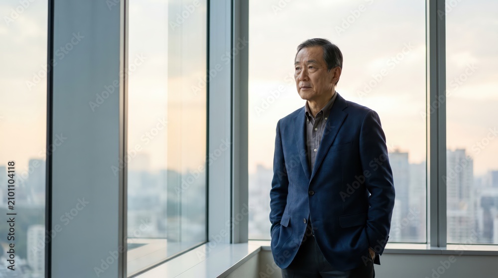 Fototapeta premium Generative AI, Senior Asian executive looking out office window over city skyline