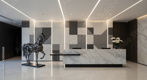 High-end contemporary office reception space featuring a unique metal horse artwork, elegant marble service counter, and stylish architectural details