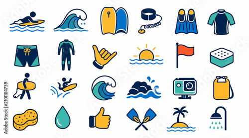 Photography Colorful flat icons of surfing and beach activities.
