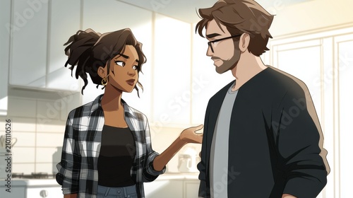 Couple in a kitchen having a serious conversation