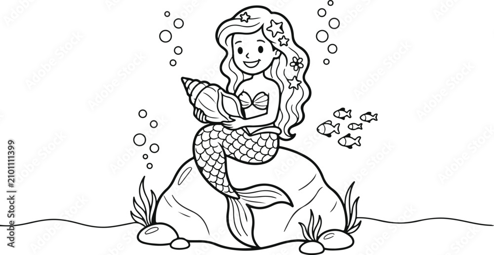Obraz premium Cute cartoon mermaid sitting on rock underwater with shell and fish swimming around her