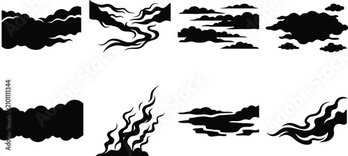 Obraz na plátně Black cloud silhouettes set and oriental smoke vector elements isolated on a cle