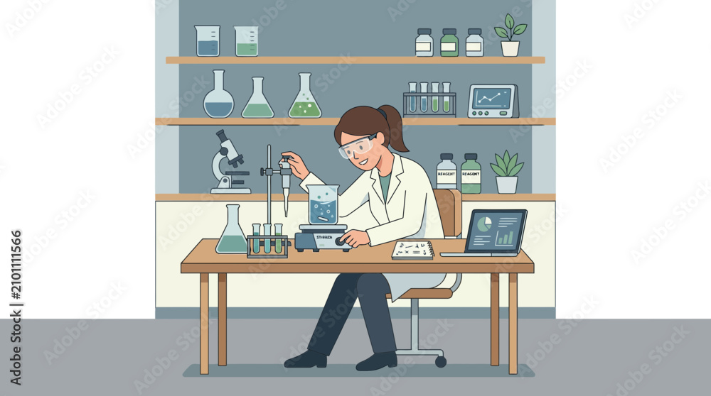 Fototapeta premium Female Scientist Working in Laboratory with Scientific Equipment and Research Data