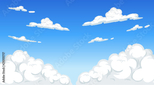 Cartoon Style Blue Sky Background with Fluffy White Clouds