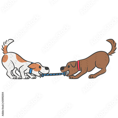 Two happy dogs playing tug of war pulling rope together vector