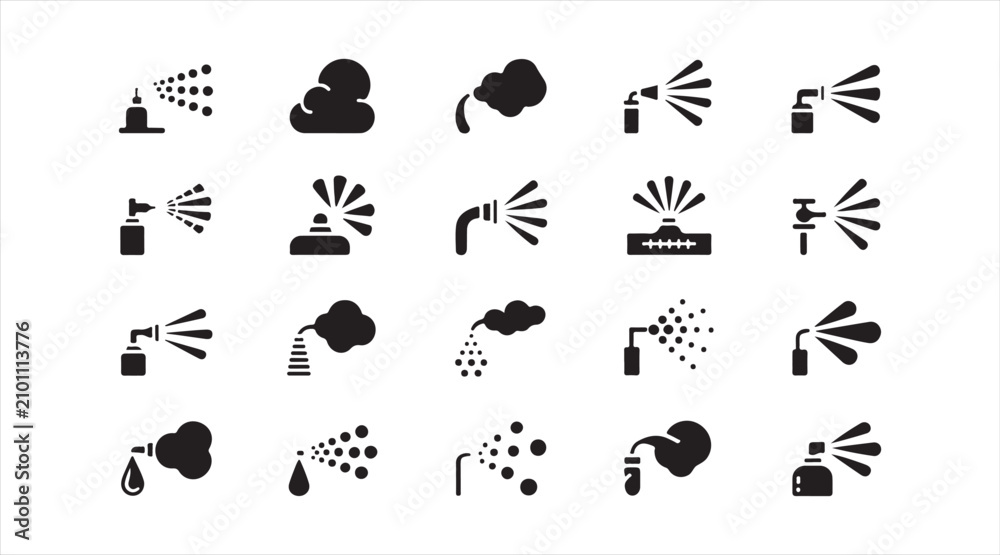 Fototapeta premium Water Mist, Sprinkler and Cleaning Spray Symbols Collection Isolated on White Background