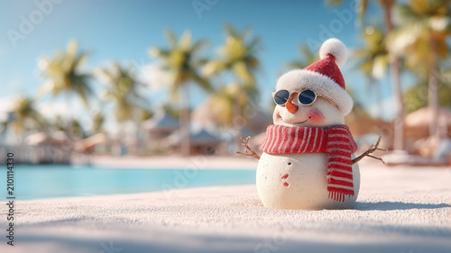 Snowman christmas beach palm sand scarf toy snowman with sunglasses on tropical beach near ocean and palm tree