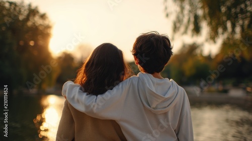 Young couple embracing by the lake at sunset, enjoying a peaceful moment