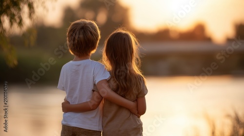 Children embracing, watching golden sunset over calm water