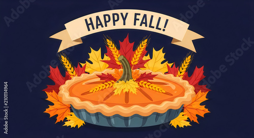 Festive thanksgiving pumpkin pie with fall leaves and wheat