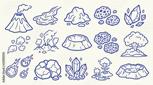 Obraz na płótnie Collection of hand-drawn geological and natural disaster illustrations, including volcanoes, meteors, and crystals