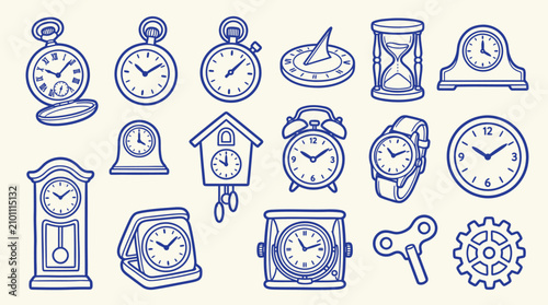 Canvastavla Collection of various clocks and timekeeping devices in a hand-drawn style