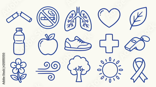 Fotografie Collection of simple blue line icons representing health and wellness concepts on a cream background