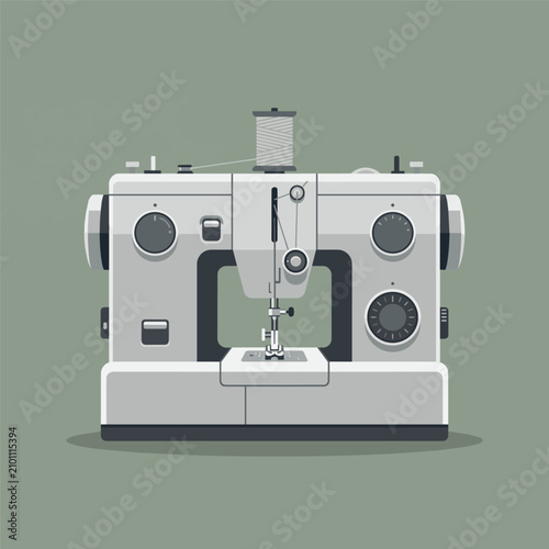 Valokuva Modern sewing machine isolated in flat vector style with thread spool for tailoring embroidery quilting dressmaking textile crafting and home sewing projects