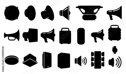 Bild auf Leinwand Audio Speaker and Megaphone Silhouette Mega Set Featuring Loudspeakers Subwoofer